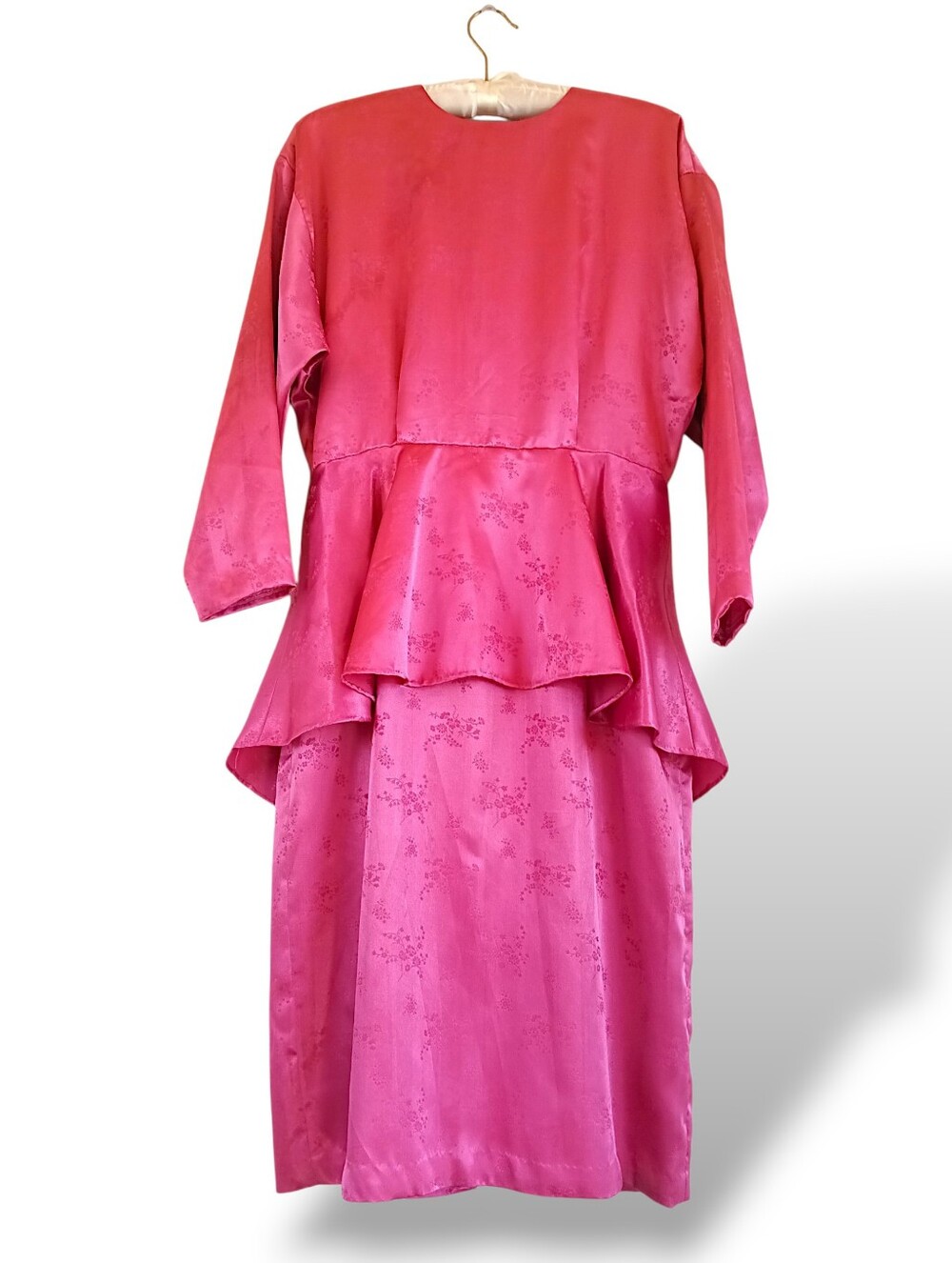 Vintage Pink Peplum Long-Sleeve Midi Dress Satin Floral 80s Barbie Girl OOAK 10 - Picture 2 of 16